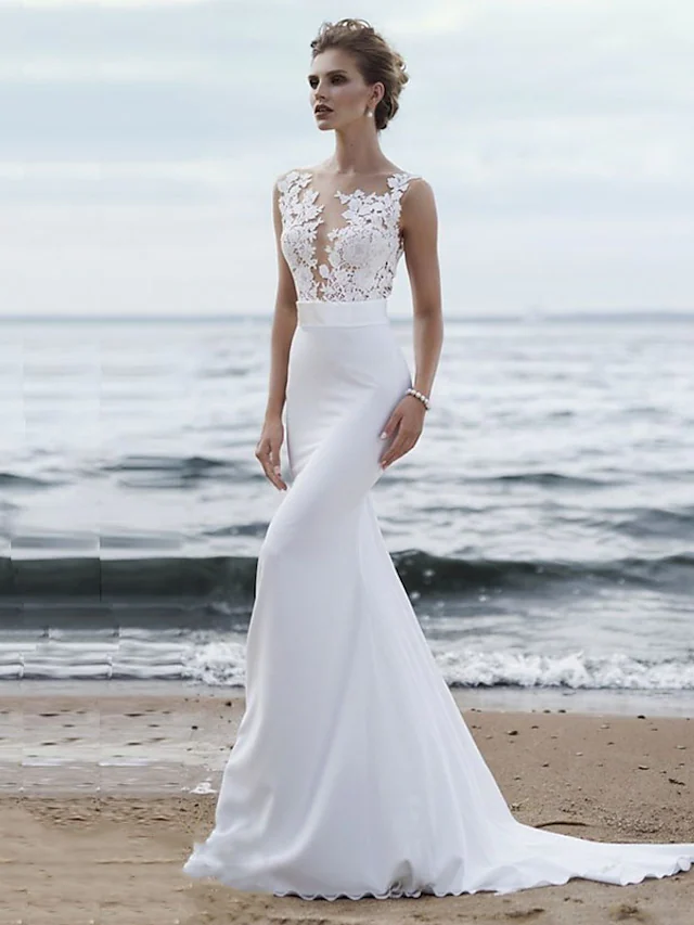 Luolandi Wedding Dresses Jewel Neck Chapel Train Chiffon Lace Regular Straps Mordern See-Through with Sashes Ribbons